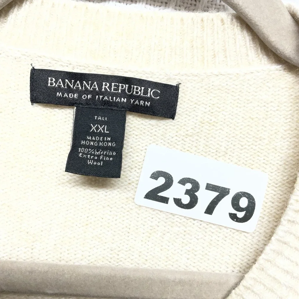 Banana Republic Men's 2XL Tall Cream 100% Merino Wool Crew Neck Pullover Sweater
